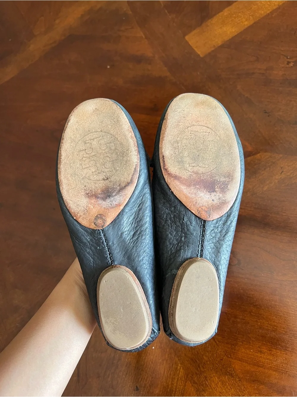 Tory Burch Black Leather Logo Moccasins with Gold Plaque